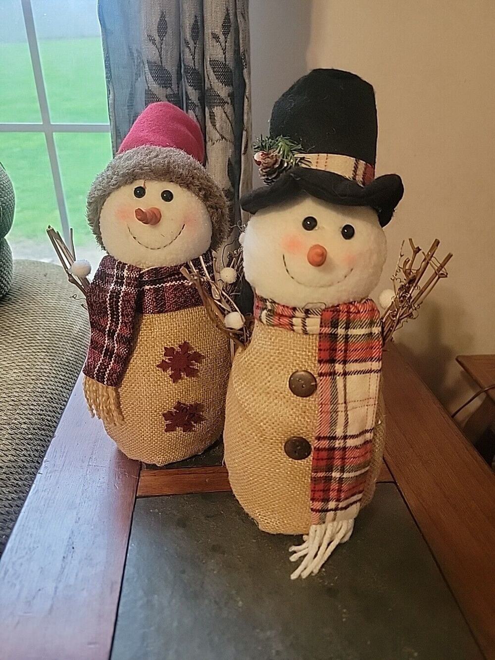 Set of 2 Holiday Style Burlap Snowmen Holiday Christmas 12"
